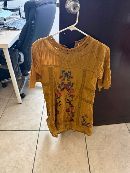 Free People Tops - Free People Mustard Yellow Embroidered Boho Blouse